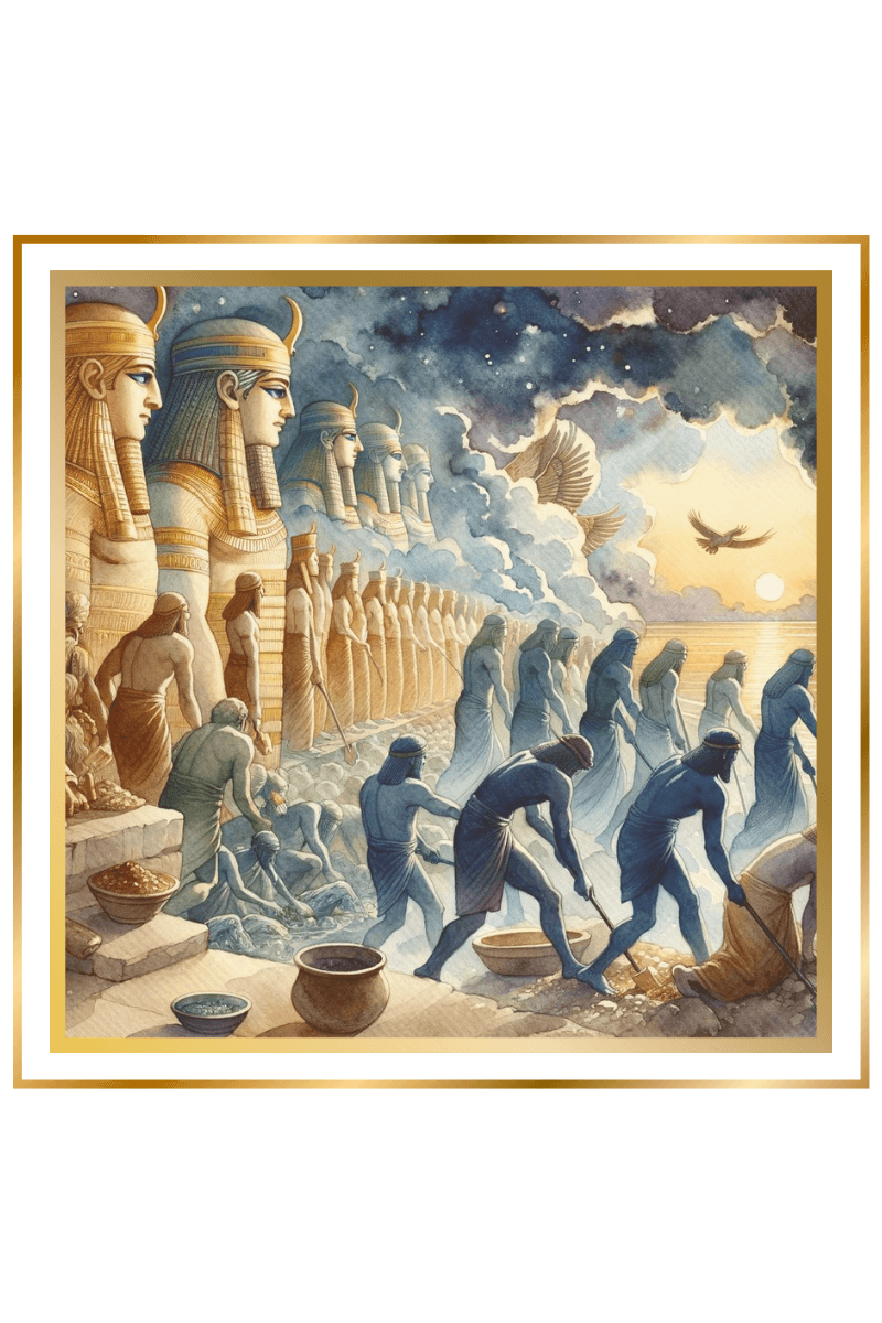 Illustration of the Anunnaki, the divine Sumerian deities, overseeing the labor of the Igigi, against a backdrop of an ancient Mesopotamian landscape.