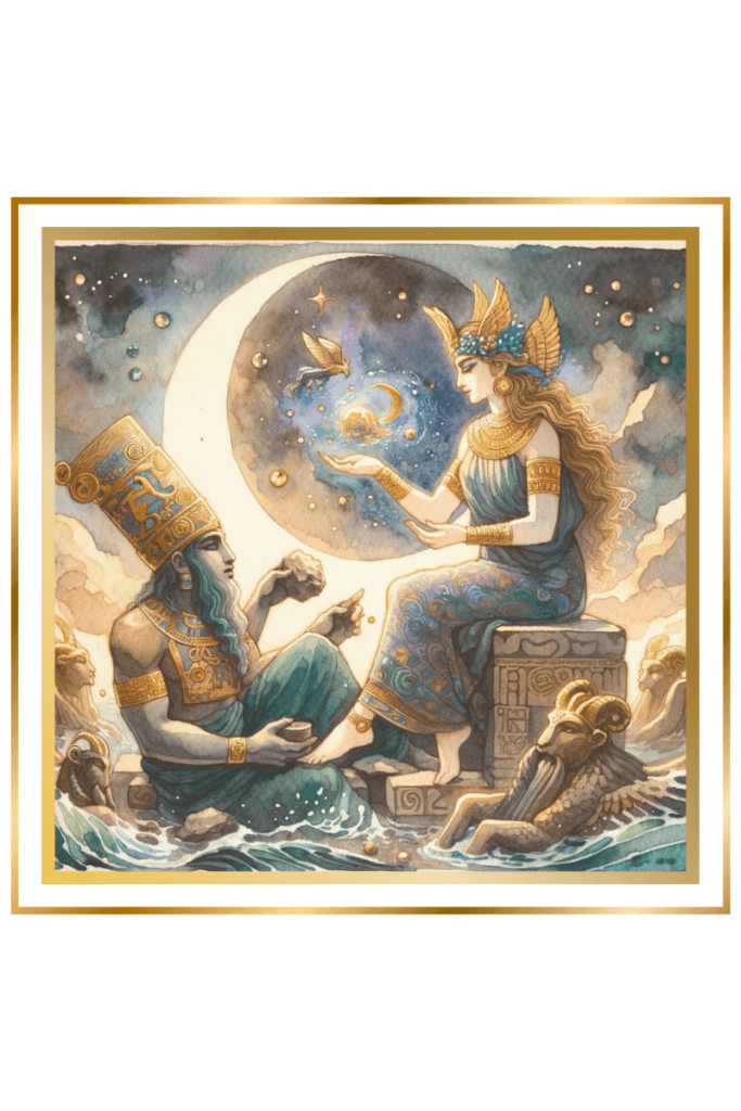 Artistic depiction of the Sumerian deities Enki and Ninhursag in the moment of creation, surrounded by the symbols of their power.