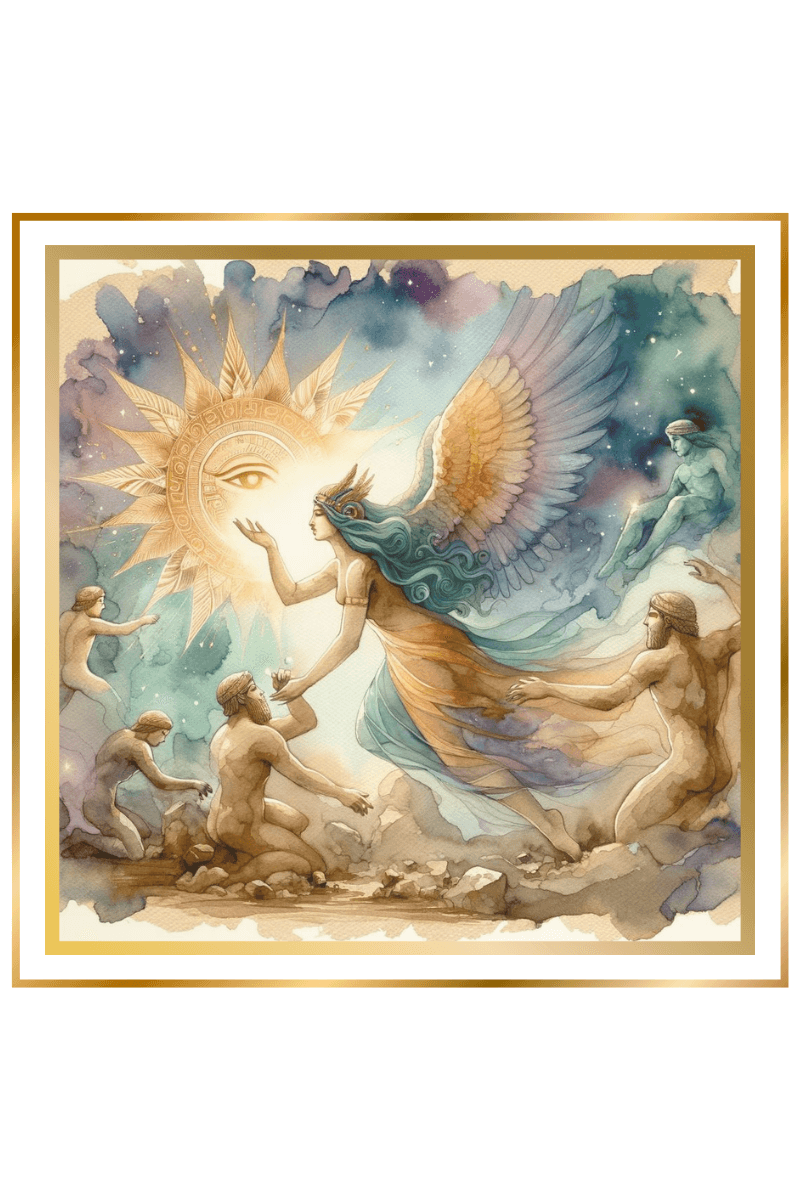 Watercolor painting of the Sumerian goddess Ninhursag creating humans from clay, set against a backdrop of muted pastels symbolizing divine creation.