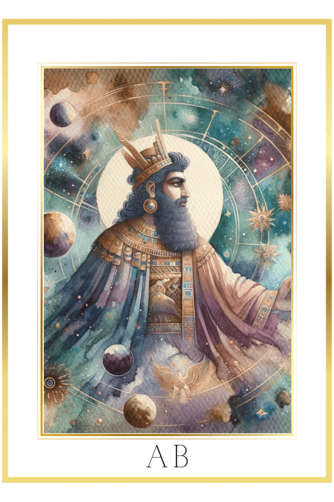 Watercolor depiction of Sumerian god Ab, symbol of primordial wisdom, floating in space in regal attire, surrounded by galaxies, blending into the cosmic background in muted pastels of indigo, gold, green, and brown.