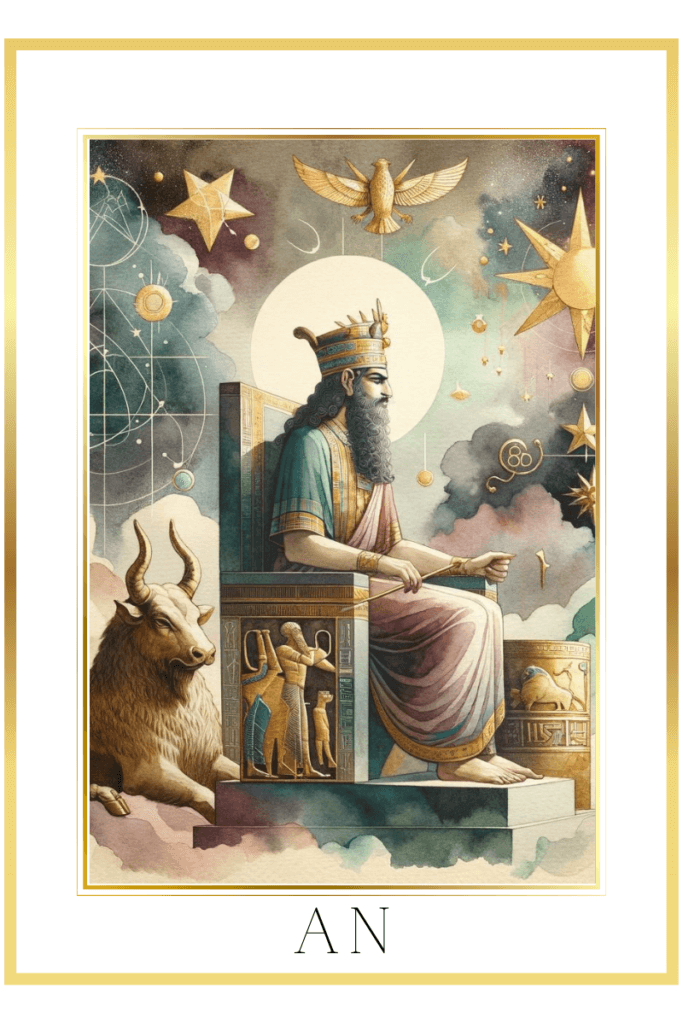 Watercolor depiction of Sumerian sky god An seated on a heavenly throne, with dingir star and golden bull symbols, in muted pastels of indigo, gold, green, and brown.