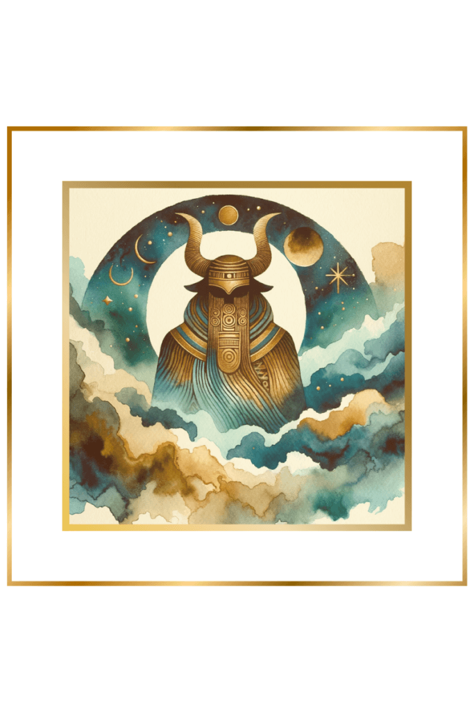 Watercolor depiction of An, Sumerian god of Sky and Heaven, with symbols of a bull and a horned cap in pastels of indigo, gold, green, and brown.