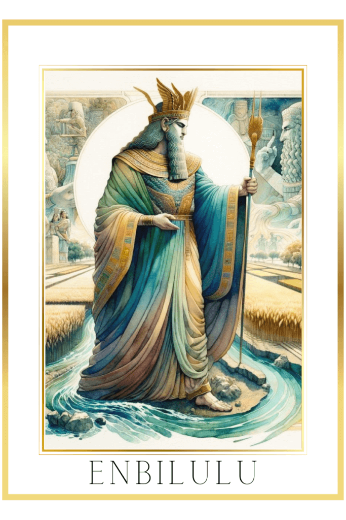 Watercolor painting of Enbilulu, Sumerian god of agriculture and water, in pastel colors, holding a sceptre and wearing a diadem amidst barley fields and rivers.