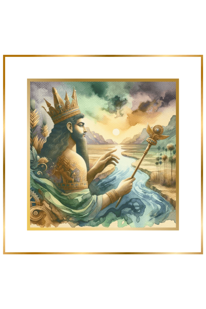 Watercolor depiction of Enbilulu controlling the Tigris and Euphrates rivers with a diadem and sceptre in muted pastels.