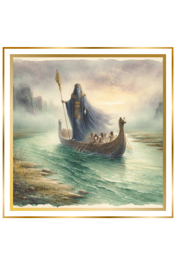 Enlil as Ferryman Guiding Souls in Watercolor