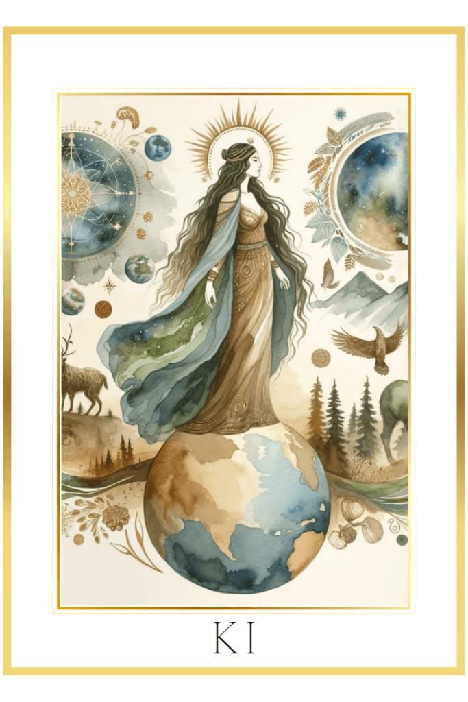 Watercolor depiction of Sumerian goddess Ki standing on Earth, with celestial bodies, mountains, and wildlife, in muted pastel colors of indigo, gold, green, and brown.