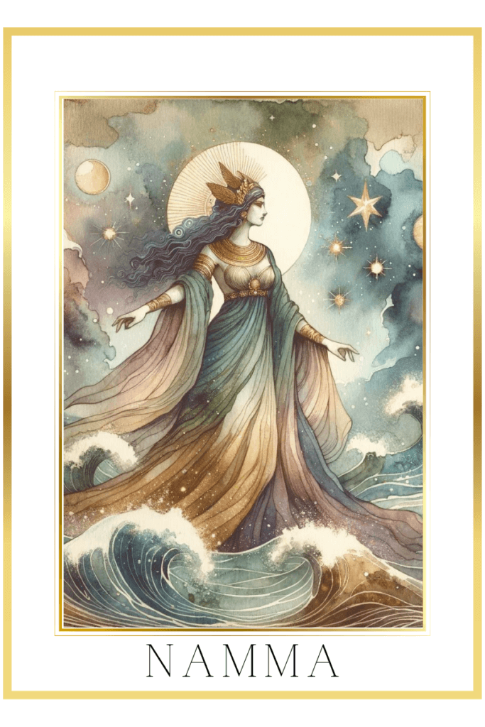 Watercolor depiction of Sumerian goddess Namma in a flowing gown atop a celestial ocean, with stars and celestial bodies, in muted pastels of indigo, gold, green, and brown.