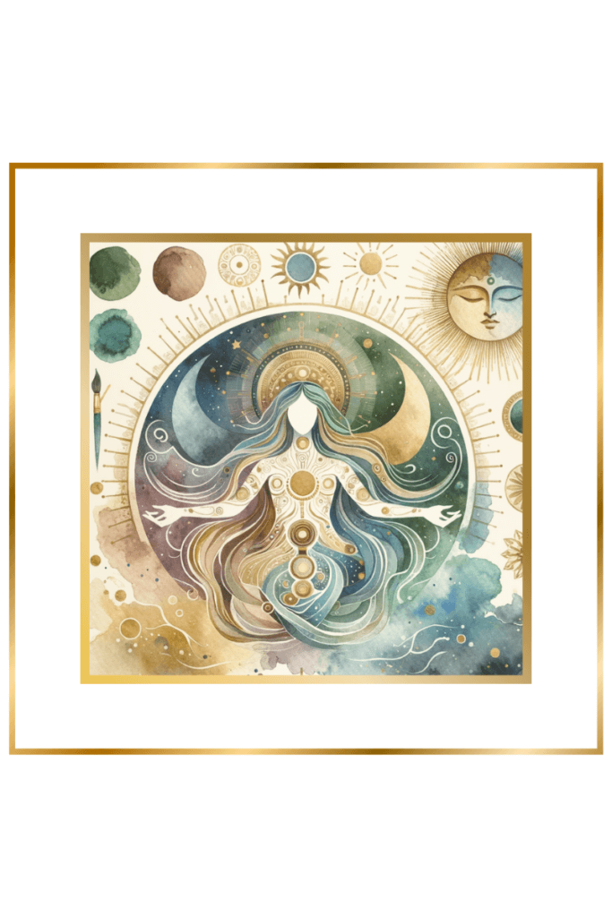 Abstract watercolor representation of Namma, Sumerian goddess of Primordial Salt Waters, in pastel indigo, gold, green, and brown, symbolizing cosmic waters and divine essence.