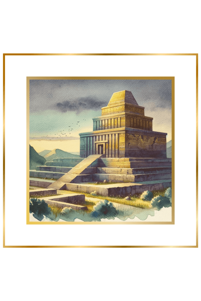 Watercolor depiction of the ziggurat temple E-Kur dedicated to Ninhursaga, set against a muted pastel palette of deep indigo, gold, earthy green, and brown.