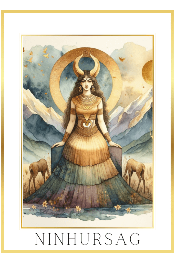 Watercolor depiction of Ninhursag, Sumerian goddess, in a serene mountainous landscape, adorned in a horned head-dress and omega-shaped hair, with deer symbols of her wildlife domain.