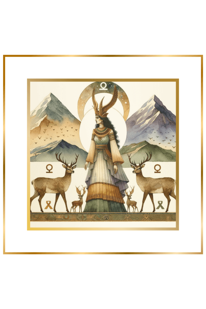 Watercolor painting of Sumerian goddess Ninhursag standing on a mountain, wearing a horned crown with mountain designs and a tiered robe, flanked by male and female deer, with an Omega symbol in the background, in muted pastel colors of deep indigo, gold, earthy green, and brown.