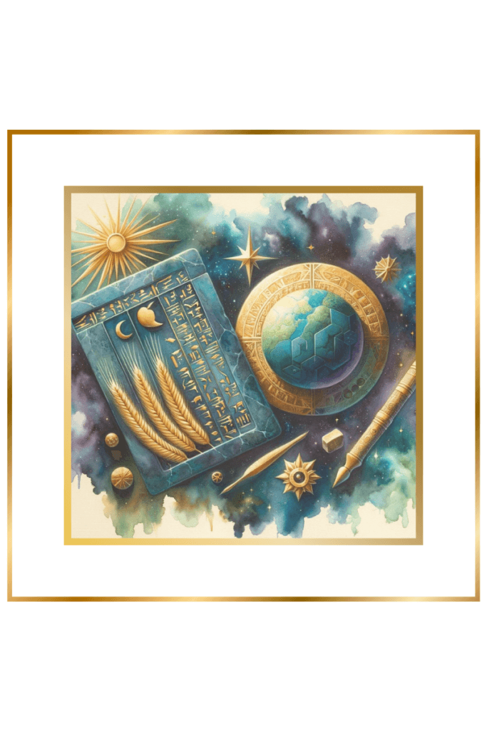 Watercolor depiction of an inscribing stylus and a lapis lazuli tablet, symbols of Nunbarshegunu's divine wisdom, set against a backdrop of muted pastels.