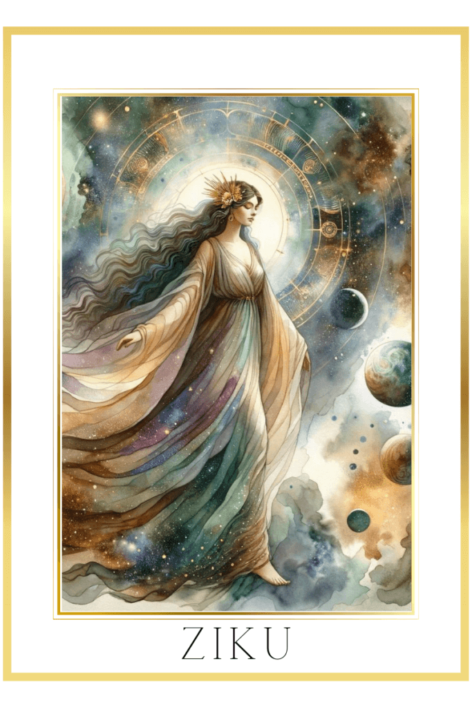 Watercolor depiction of Sumerian goddess Ziku, floating in space with a long flowy gown, surrounded by galaxies and celestial bodies, blending into the cosmic background, in muted pastels of indigo, gold, green, and brown.