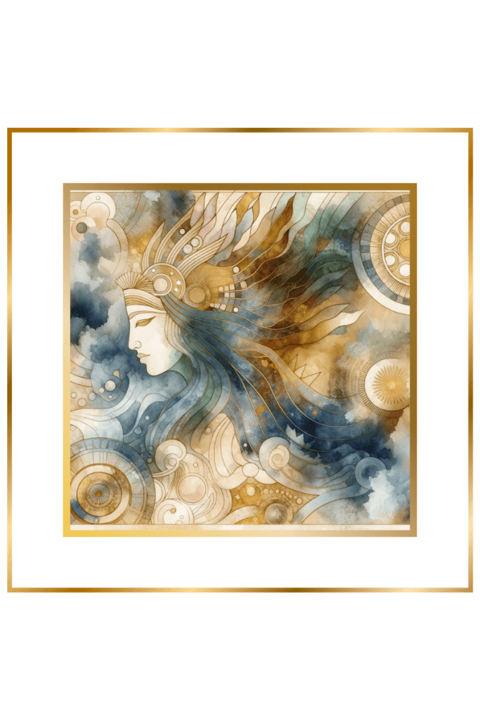 Watercolor depiction of Ziku, the Sumerian goddess, in muted pastels, symbolizing primordial essence and spirit, inviting exploration into Sumerian mythology.