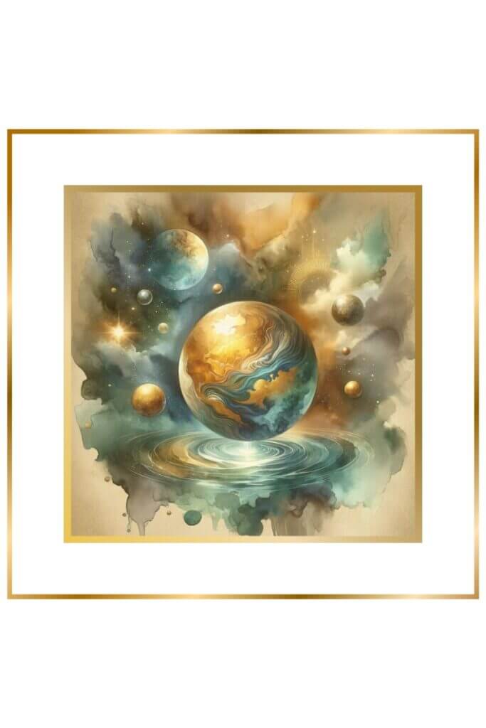 A mystical watercolor painting of a golden globe floating above an ocean, with space and celestial objects in muted pastel colors of deep indigo, gold, earthy green, and brown, symbolizing the tranquility and beauty of the universe and Sumerian mythology