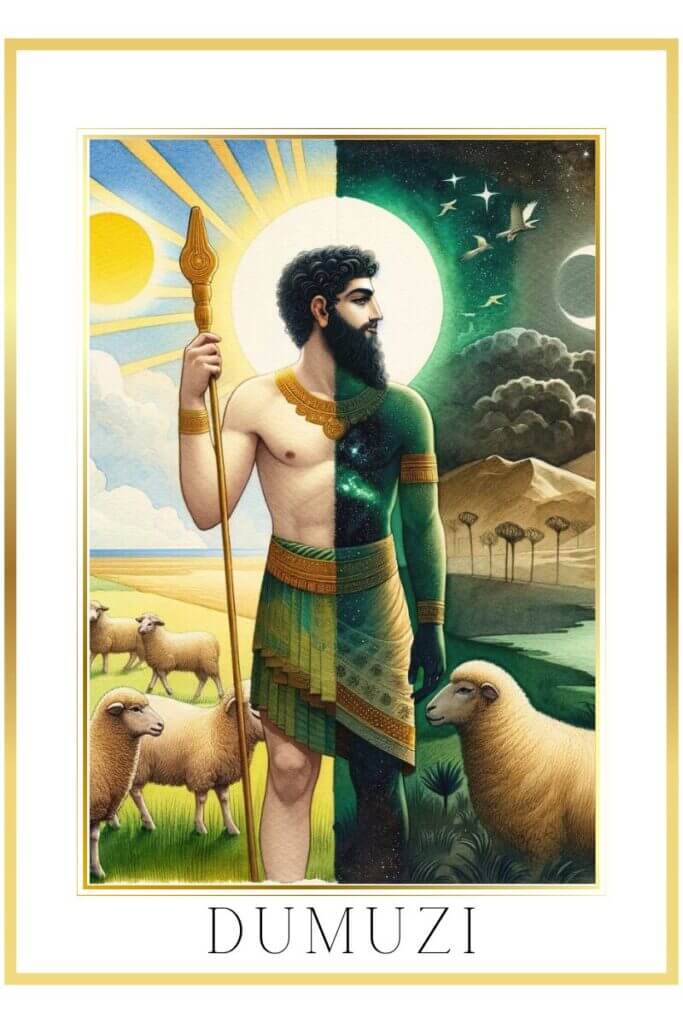 Watercolor painting of Sumerian god Dumuzi with shepherd's staff, sheep, green pastures, and a dark underworld background.