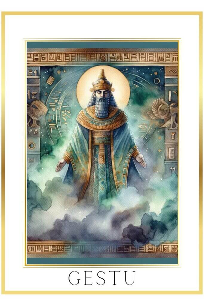 Sumerian god Gestu in a watercolor painting, standing in regal attire amidst a mystical fog with Sumerian symbols in the background, in colors of deep indigo, gold, earthy green, and brown.