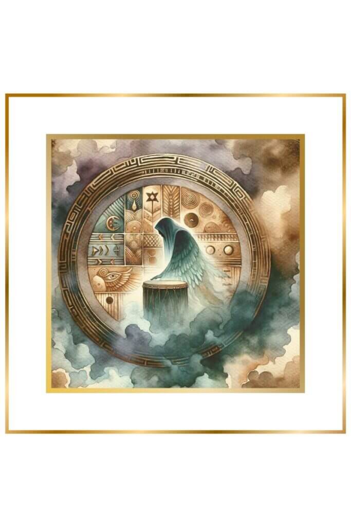 Watercolor depiction of Sumerian symbols for wisdom in muted pastels, with a ghostly figure over a drum, enveloped in mist.