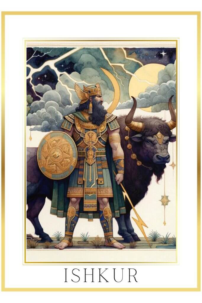 Watercolor painting of Sumerian god Ishkur in battle armor, next to a bull, holding a lightning bolt, with storm clouds and a large tree in the background.