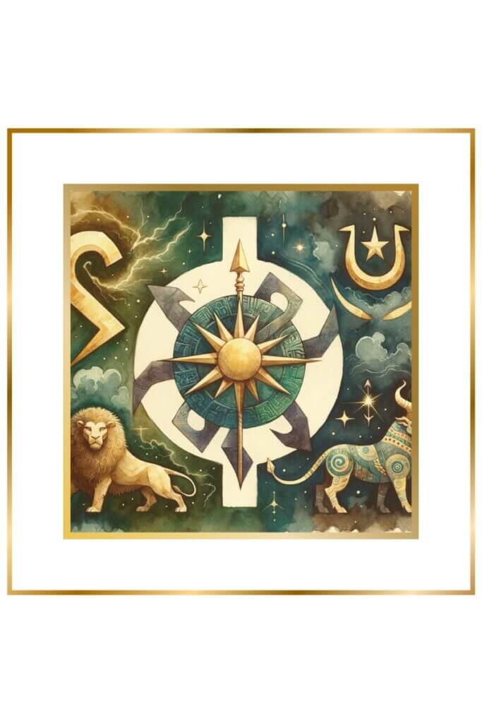 Watercolor painting of symbols associated with Sumerian god Ishkur, featuring a lightning bolt, lightning fork, a great bull, and an Ushumgal in a palette of muted indigo, gold, green, and brown.