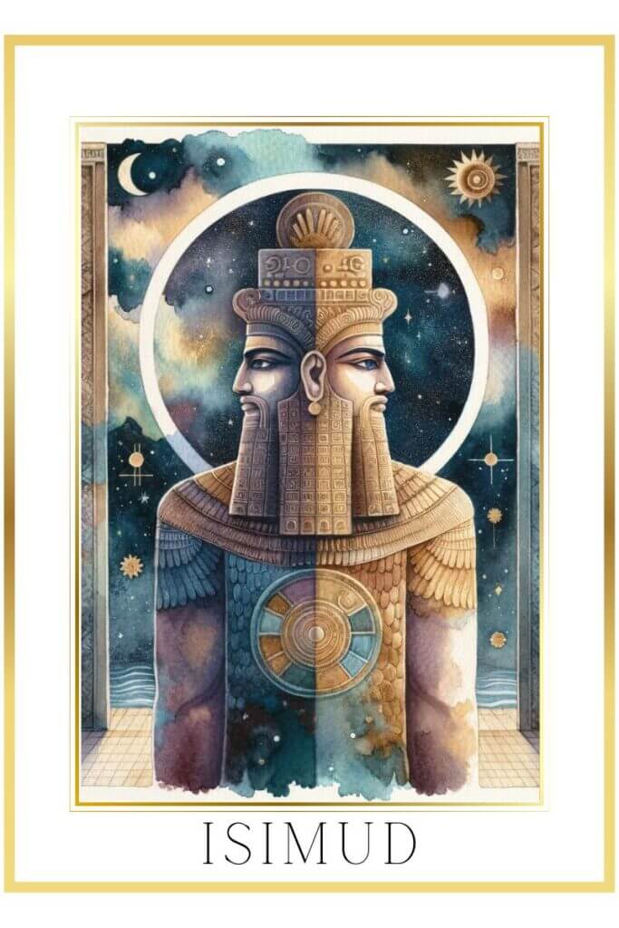 Watercolor painting of Isimud, a regal two-faced Sumerian god, standing in a doorway with cosmic and Sumerian symbols in the background.