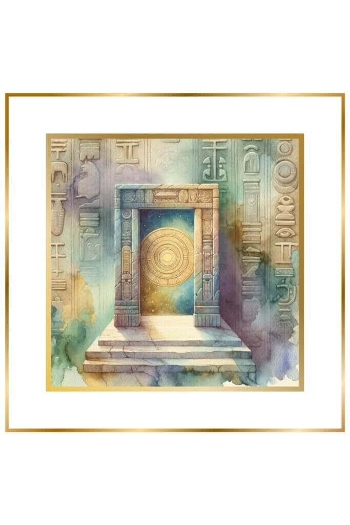 Watercolor painting of a mystical doorway symbolizing the beginning and end of the year, adorned with Sumerian symbols, in muted pastel colors.