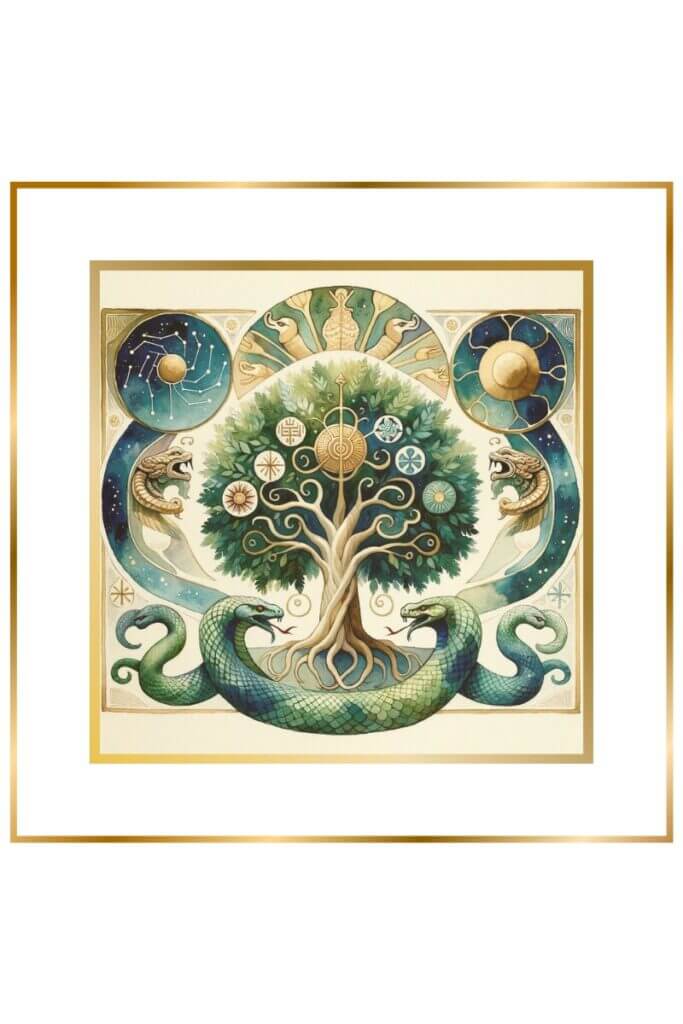 Watercolor painting depicting symbols of Ningishzida: a lush tree, serpentine forms, and the Hydra constellation in muted pastel colors.