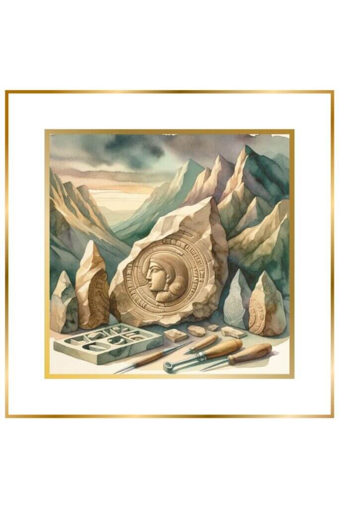 Watercolor painting of sculpting instruments on limestone with mountains in the background, featuring Sumerian symbols etched into the mountains, in muted pastel colors of deep indigo, gold, earthy green, and brown.