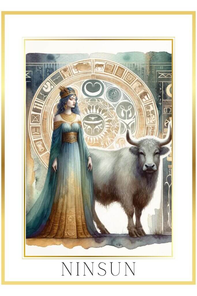 Watercolor painting of Ninsun, a Sumerian goddess, in a regal gown next to a wild cow, with fertility symbols in the background