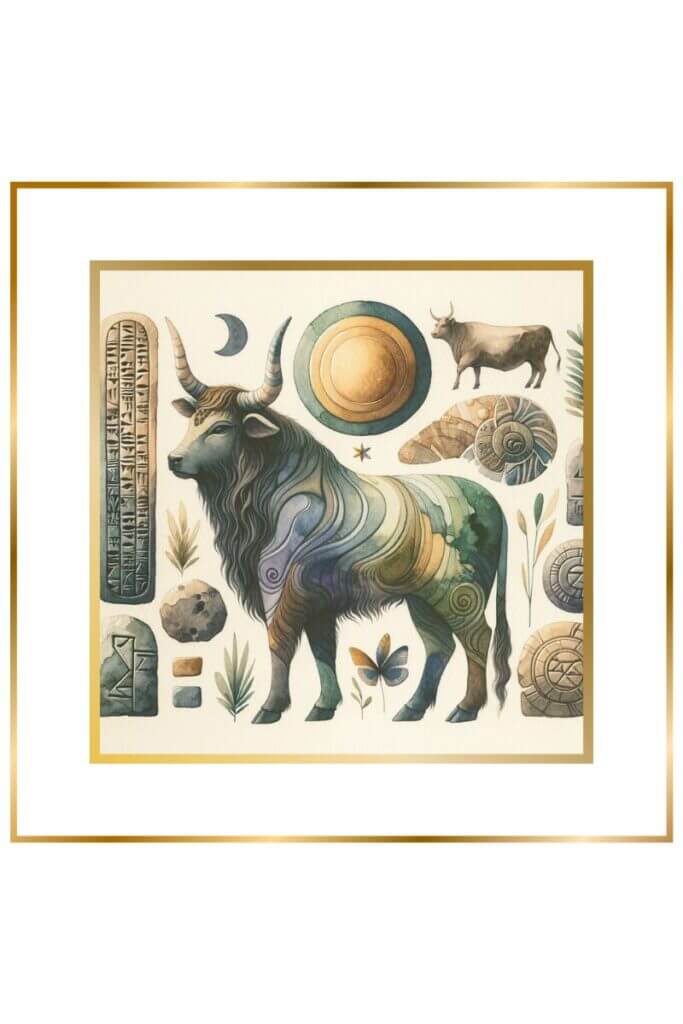 Watercolor painting of symbols associated with Ninsun, featuring a wild cow, cuneiform inscriptions, and motifs of fertility and motherhood in muted pastel colors