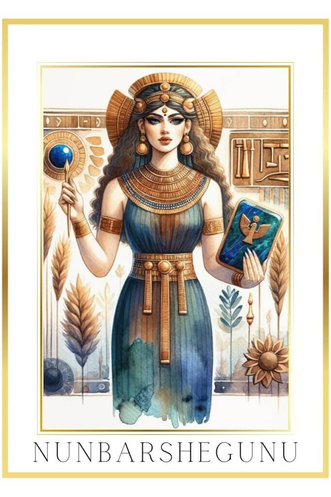 Watercolor depiction of Nunbarshegunu, a Sumerian goddess, with a lapis lazuli tablet and golden stylus, set against a background of grain and reeds in muted pastel colors.