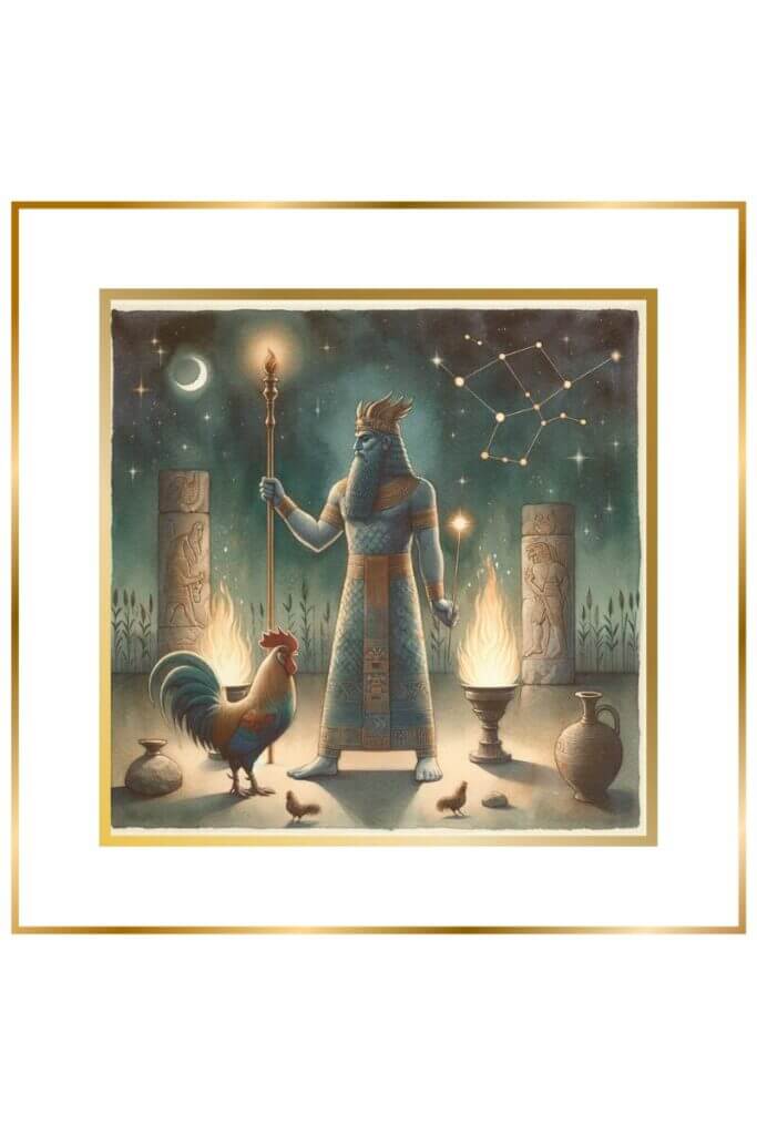 Watercolor painting of the Sumerian god Nuska at night, with a rooster, staff, lamp, flames, and Orion constellation.