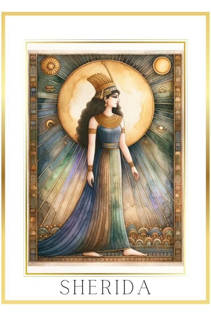 Watercolor painting of Sherida, Sumerian goddess of dawn, in muted pastel colors, embodying dawn with symbols like the rising sun in the background.