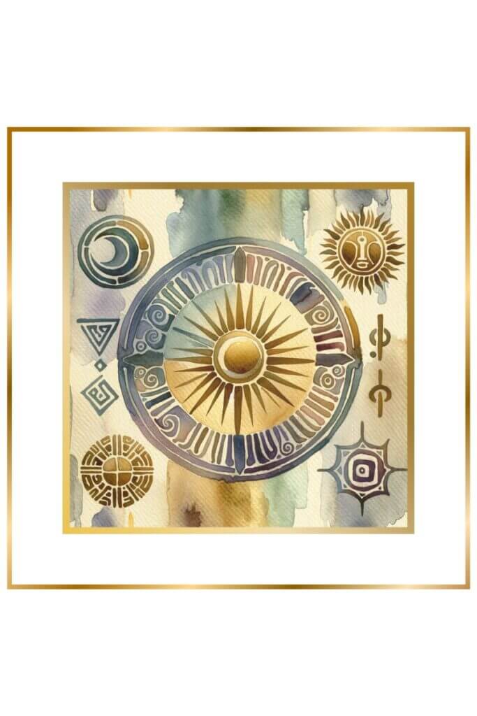 Watercolor painting of symbols associated with Sherida, featuring a rising sun and dawn light in muted pastel colors.