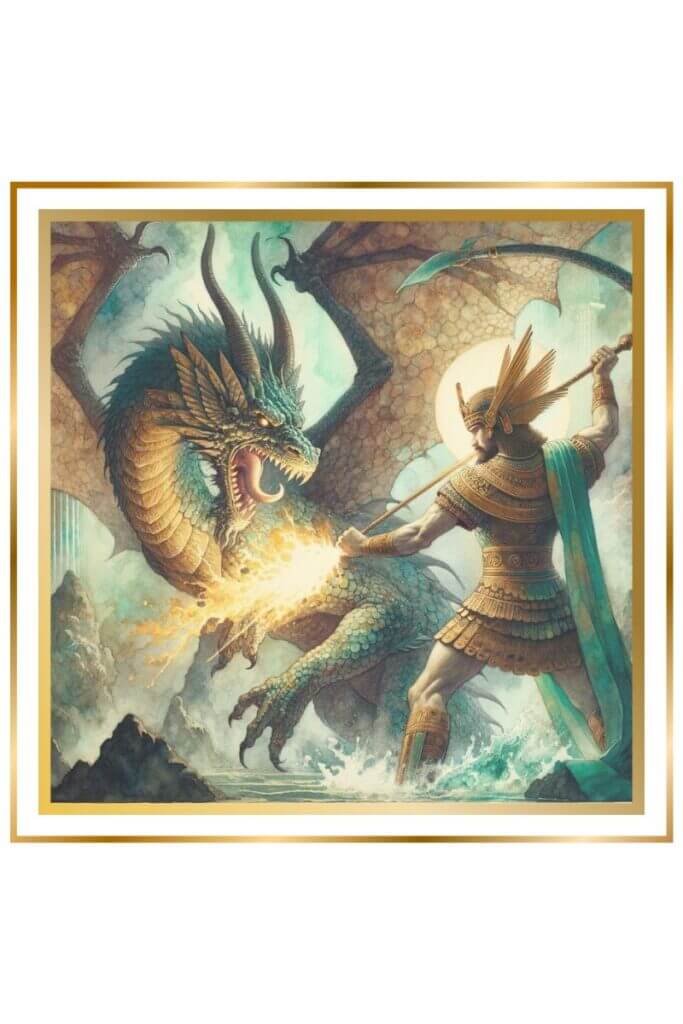 Watercolor painting of Ninurta battling a fearsome dragon of chaos from the underworld, holding his glowing magical mace Sharur. The scene is intense and dramatic, with muted pastel colors of deep indigo, gold, earthy green, and brown.