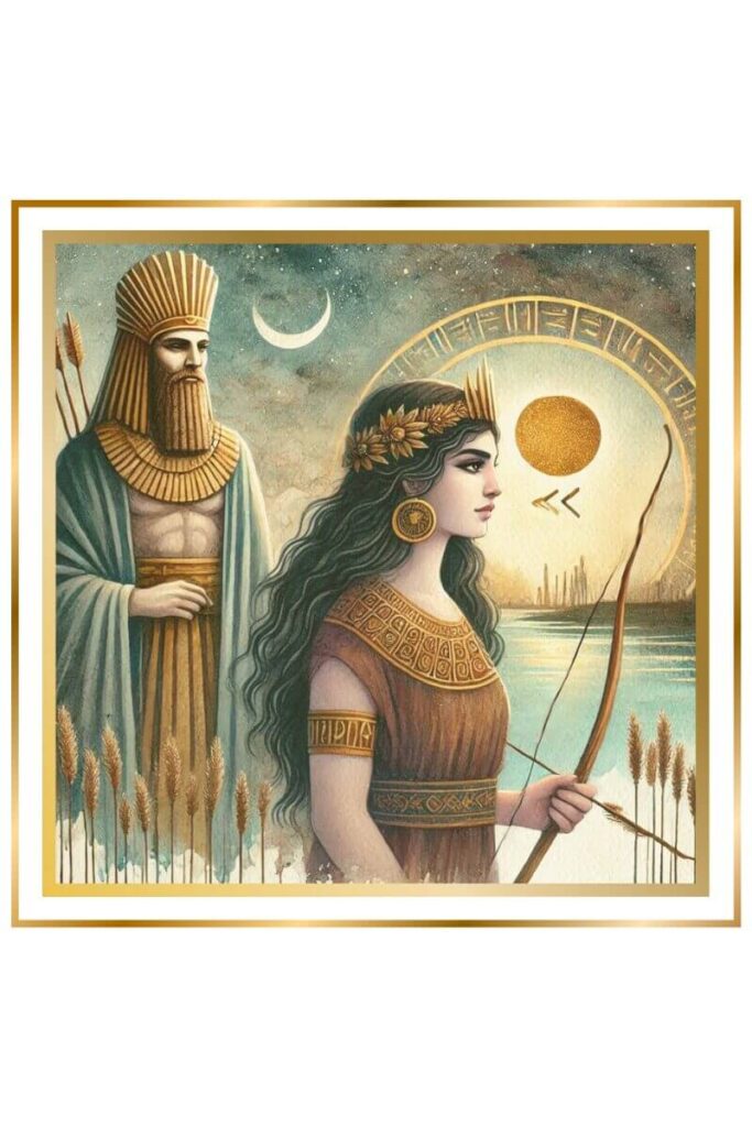 Watercolor painting of the Sumerian goddess Inanna holding her bow with planet Venus behind her, standing next to Adagbir in long robes adorned with Sumerian symbols, by a river with reeds.