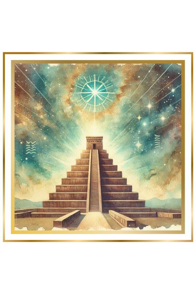 Watercolor painting of Eanna, a large ziggurat temple dedicated to the goddess Inanna, radiating divine energy and touching the heavens with a cosmic background featuring Sumerian symbols.