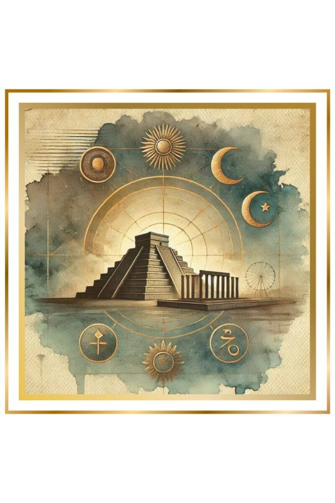 Watercolor painting featuring a grand ziggurat temple, the eight-pointed star, the planet Venus, and multiple Sumerian symbols representing Inanna and An, painted in muted pastel colors.