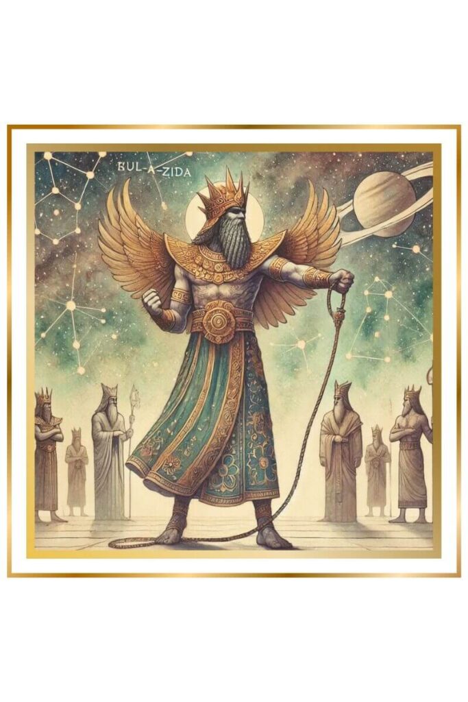 The powerful deity Šul-a-zida, dressed in cosmic clothing, stands tall grasping a tethering rope ready to attack, with the constellation Orion and protective deities emerging behind him.