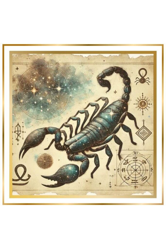 Watercolor painting of a large scorpion made up of stars and galaxies, with Sumerian symbols adorning its body, surrounded by a cosmic background.