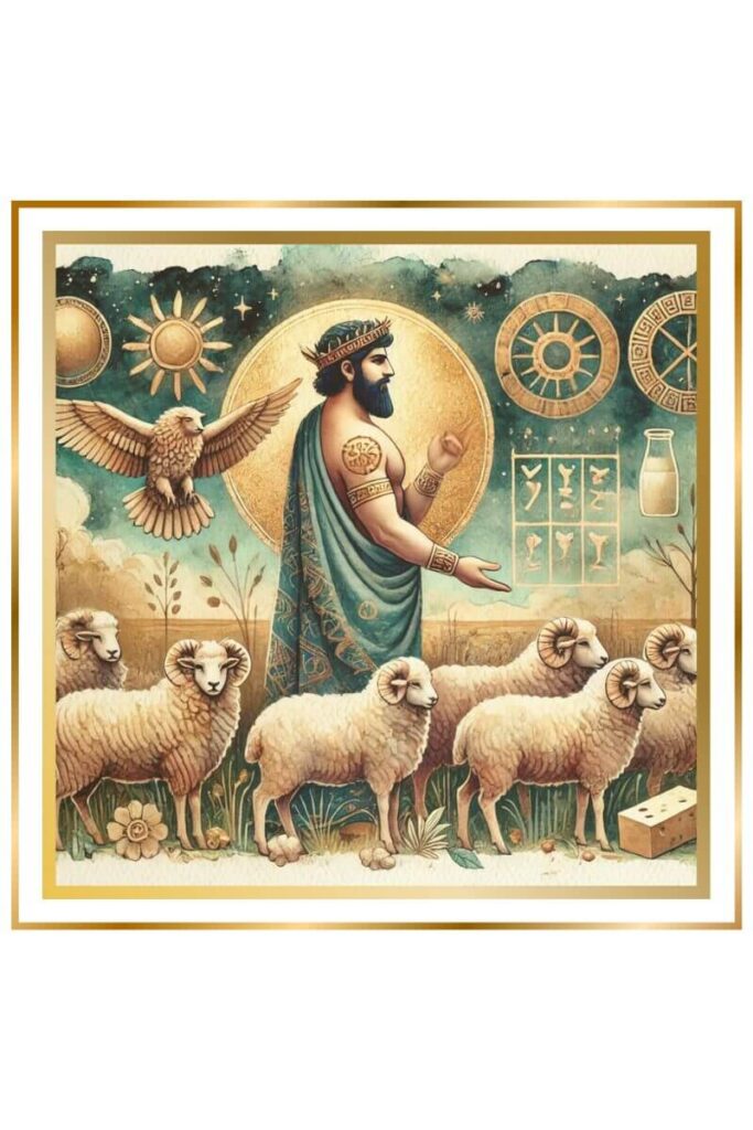 Watercolor painting of Dumuzi, the shepherd god, in deep indigo and gold attire, overseeing his sheep in a lush, green pasture, with elements like wool, milk, and cheese artistically integrated into the serene setting.