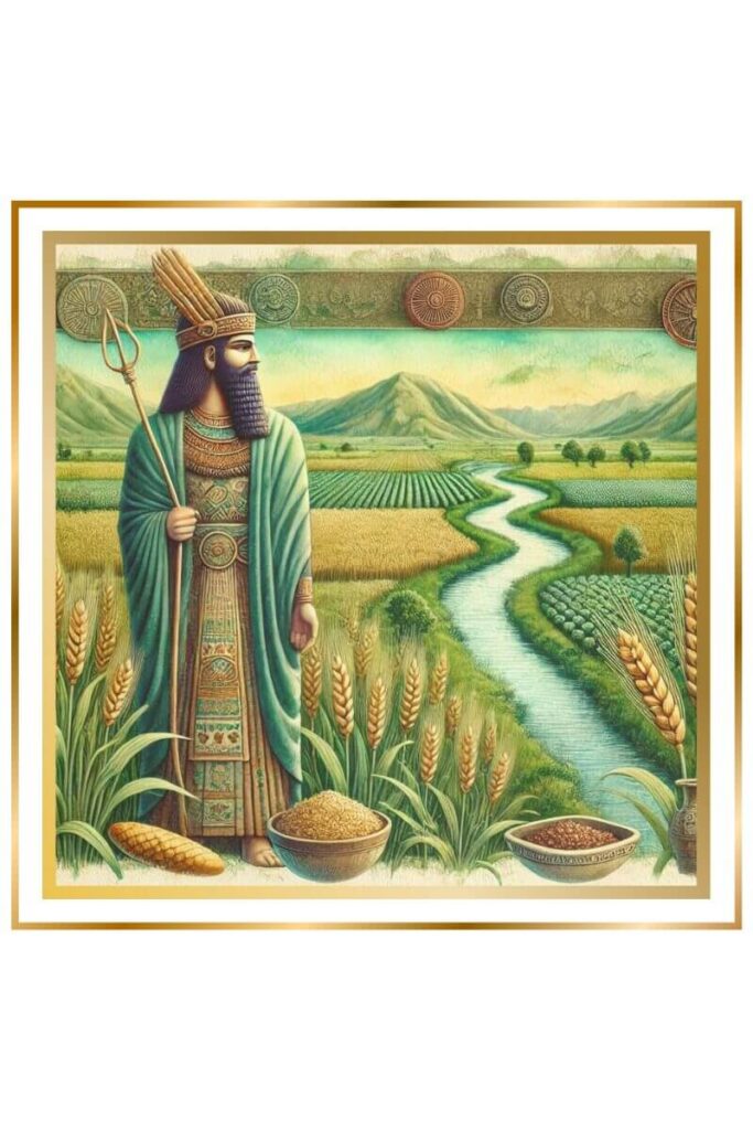 Watercolor painting of Enkimdu, the Sumerian god of farming, standing in vibrant fields of barley and wheat with canals running through them, adorned in deep indigo and gold attire, with elements of wine, beer, and bread in the background, all set against a backdrop of earthy greens and browns.