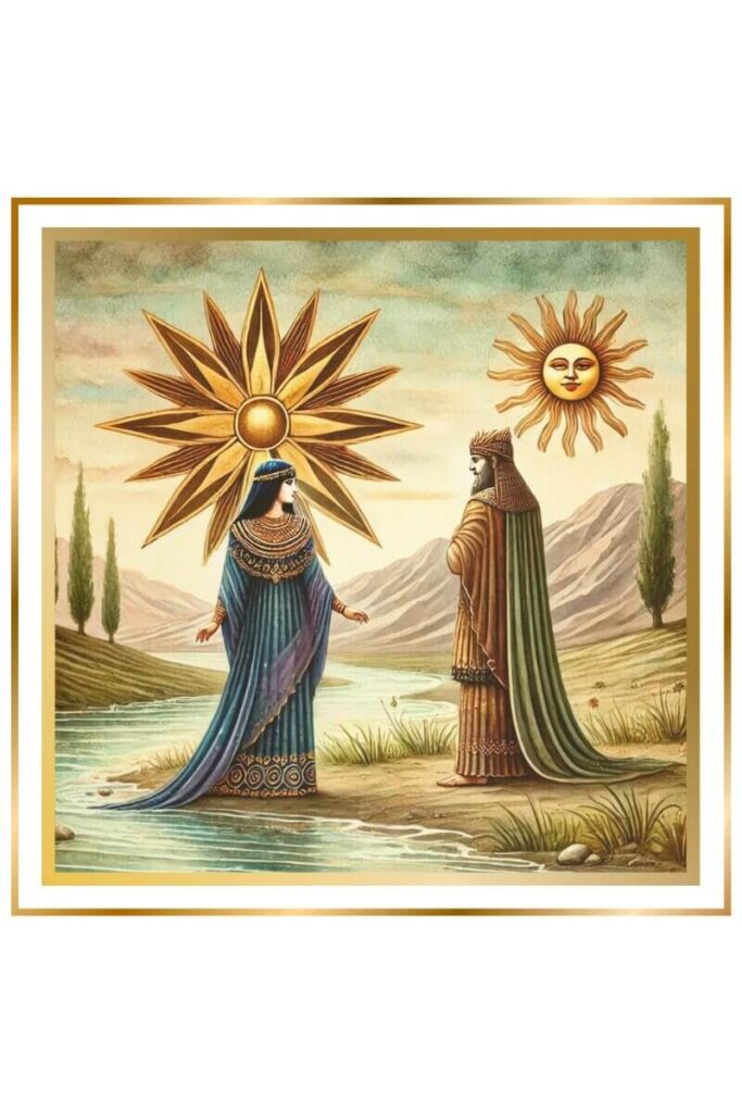 Watercolor painting of Sumerian goddess Inanna in deep indigo and gold attire speaking with sun god Utu, who stands against a backdrop of a radiant sun, by a serene riverbank in earthy tones. They discuss the choice between Dumuzi and Enkimdu.