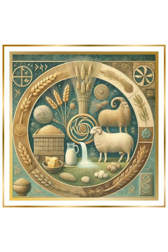 Watercolor depiction of the unification of agriculture and shepherding symbols in Sumerian mythology, featuring bread, wheat, barley, wool, cheese, and milk, surrounded by Sumerian symbols, rendered in muted pastel colors of deep indigo, gold, earthy green, and brown.