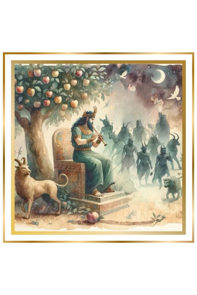 Watercolor image of Dumuzi, the god of shepherds, sitting on a beautiful throne under an apple tree, playing a flute. In the background, a procession of demons surrounds Inanna. The scene uses muted pastel colors of deep indigo, gold, earthy green, and brown.