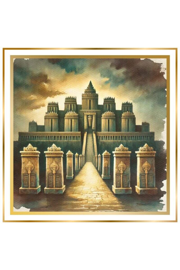 Watercolor image of the Sumerian underworld featuring the seven gates and the Castle Ganzir standing tall in the center. The scene is depicted in muted pastel colors of deep indigo, gold, earthy green, and brown, creating a dark and mysterious atmosphere.