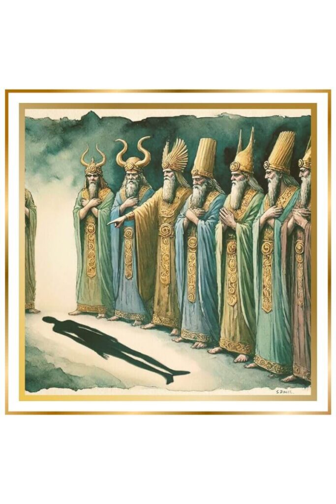 Watercolor image of seven Annunaki Judges wearing horned caps and Sumerian clothing, standing tall and pointing towards a shadowy figure of a woman on the floor. The atmosphere is dark and mysterious.