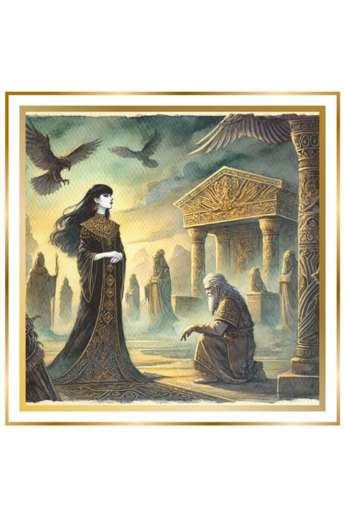 Watercolor image of Ereshkigal, dressed in black with black hair and a pale face, standing in front of her majestic throne. Neti, her attendant, kneels before her, reporting news. The atmosphere is dark and mysterious, with shadowy figures in the background.