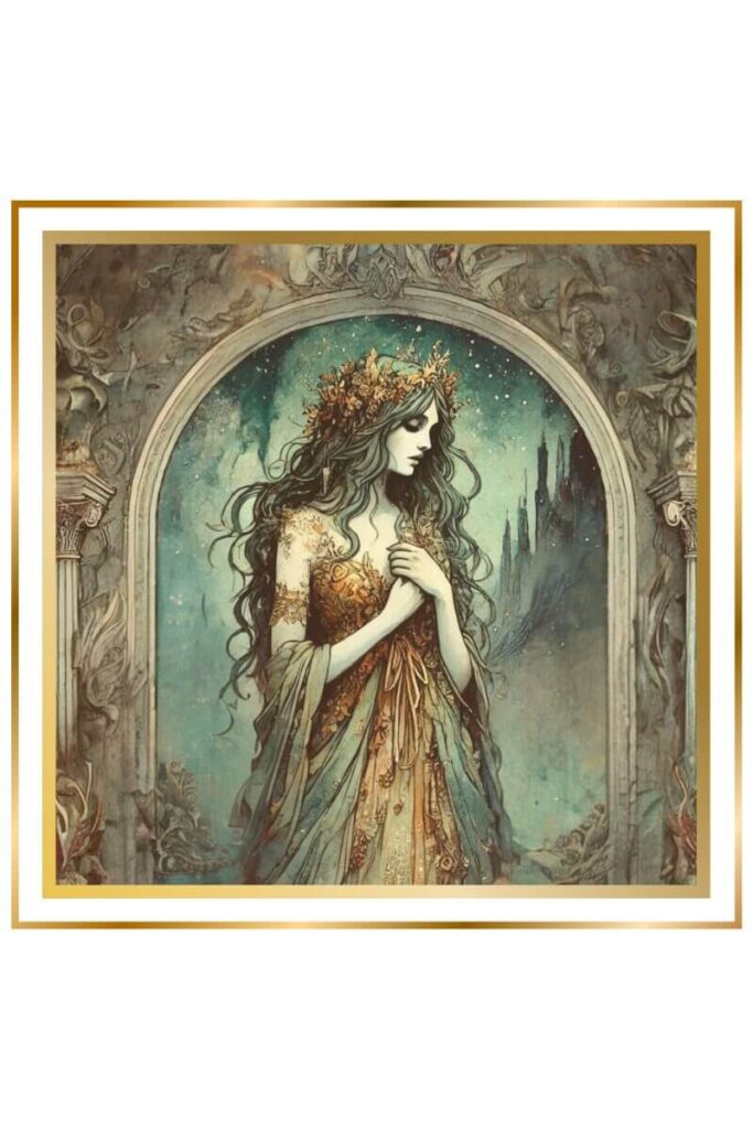 Watercolor image of Ninshubur, a beautiful goddess dressed in the attire of a pauper and covered in ashes, mournfully waiting for Inanna at the gates of the Underworld. The scene is dark and foreboding, using muted pastel colors of deep indigo, gold, earthy green, and brown.