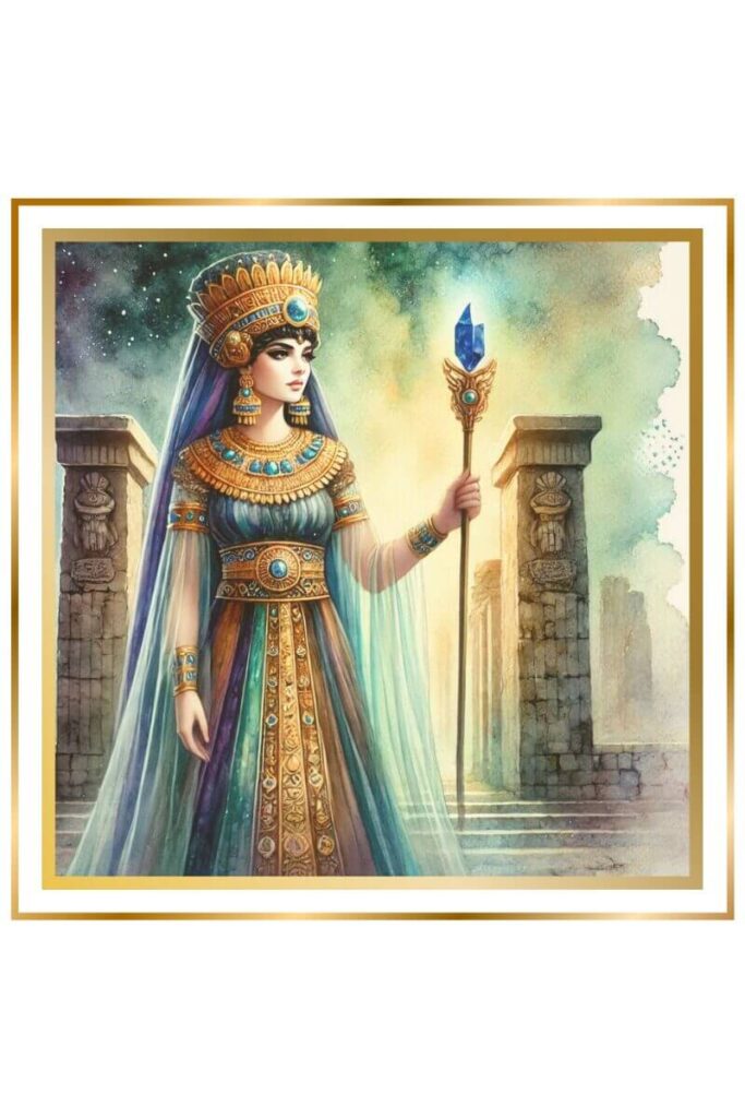 Watercolor image of Inanna in regal attire, holding a lapis-lazuli staff and wearing a beautiful Sumerian dress and turban. She stands at the dark and mysterious gates of the underworld, glowing with divine light.